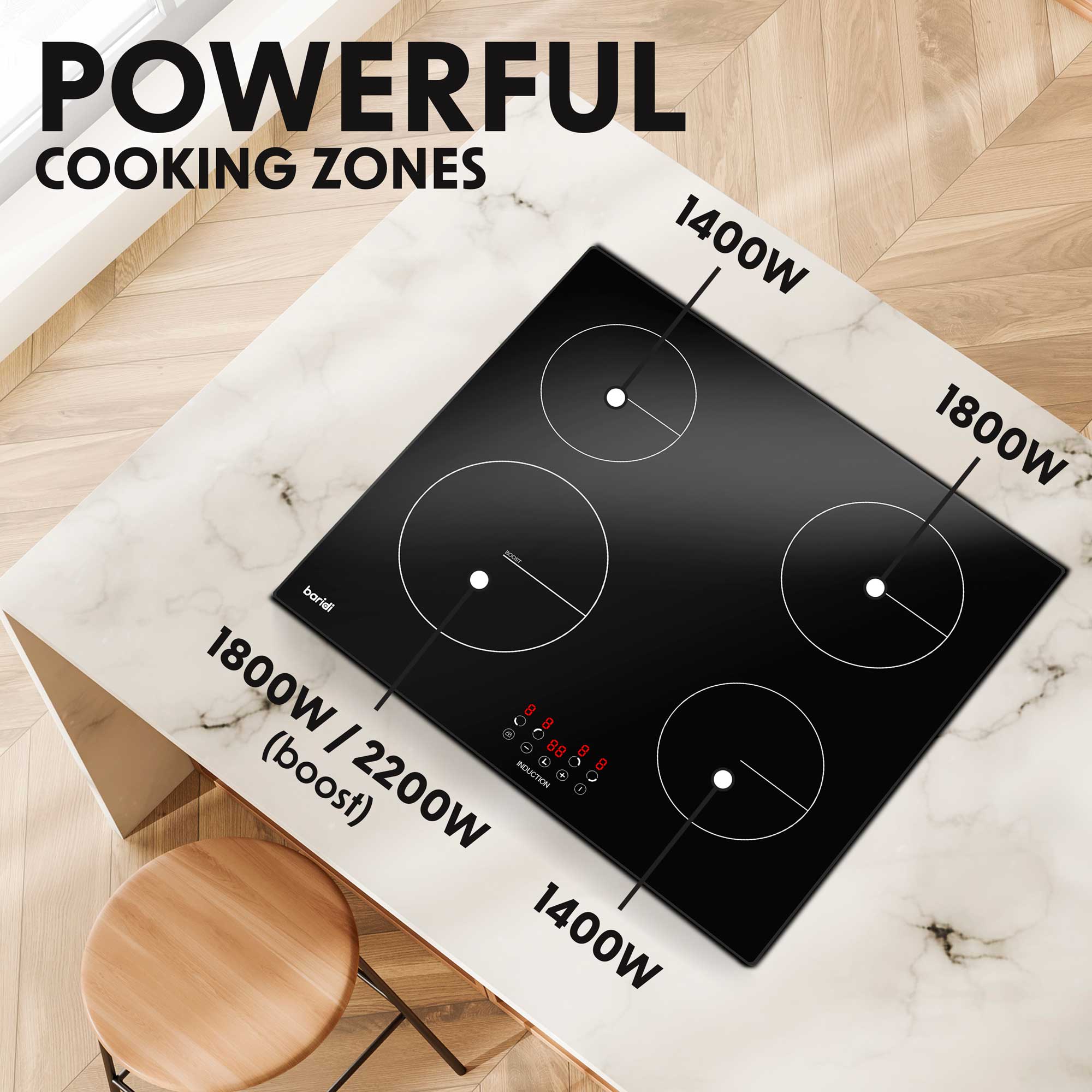 Baridi 60cm 4 Zone Induction Hob, Boost Function, 9 Power Levels, Touch Control, Timer 6800W - DH176
