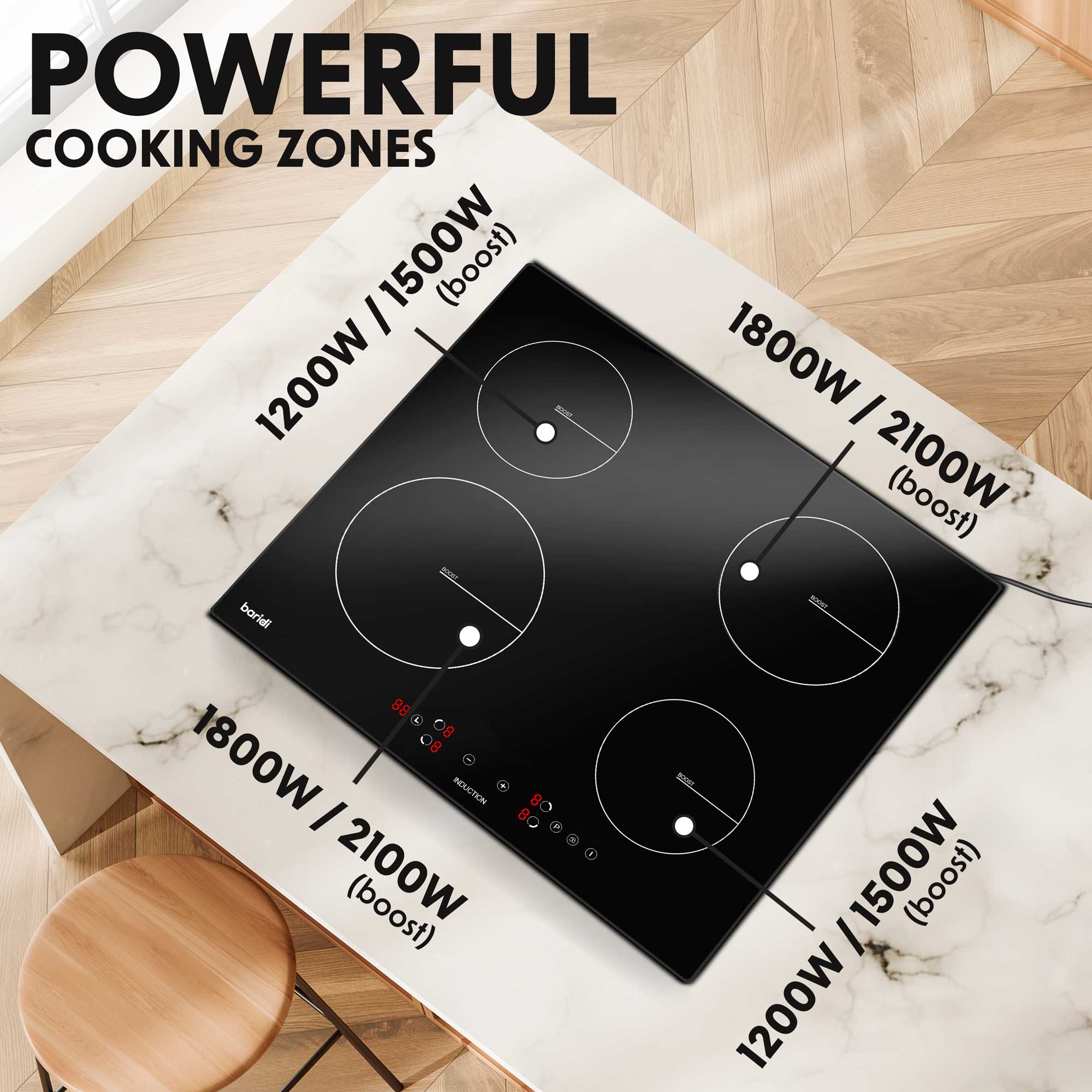 Baridi 60cm 4 Zone Induction Hob, Boost Function, 9 Settings, Touch Co
