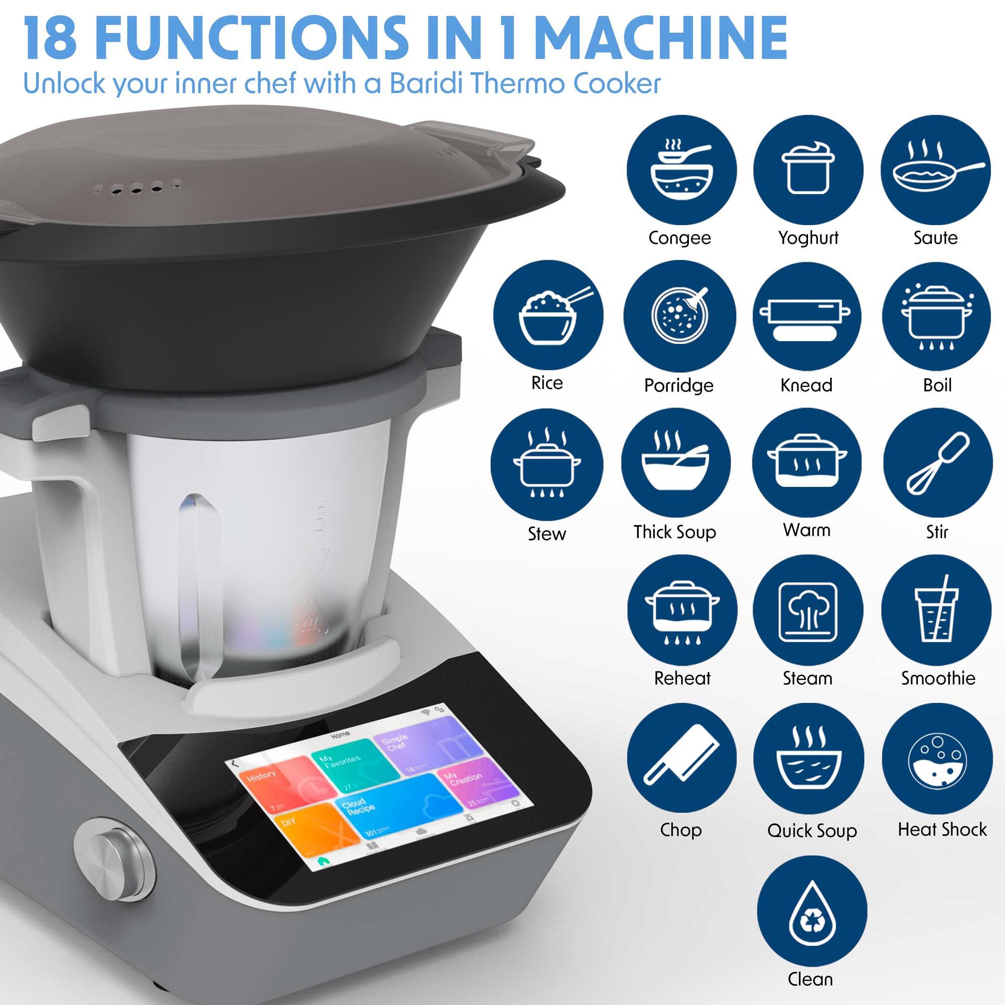 Baridi Smart Thermo-Cooker, 18 Preset Functions, 7” Touch Screen, App Guided Recipes, White – DH189