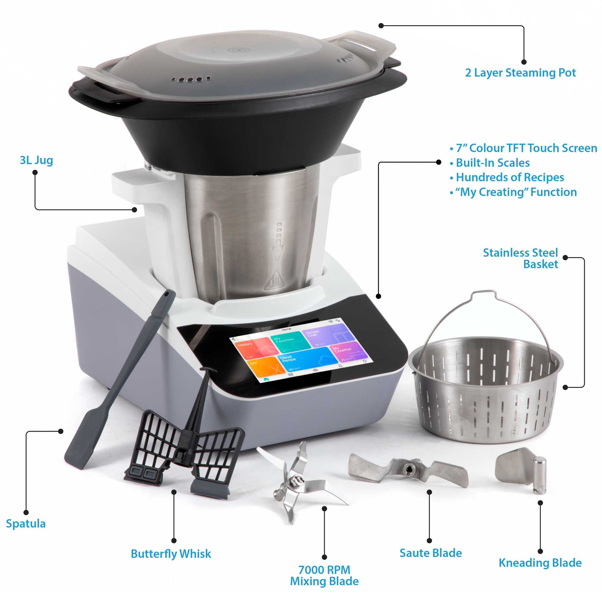 Baridi Smart Thermo-Cooker, 18 Preset Functions, 7” Touch Screen, App Guided Recipes, White – DH189