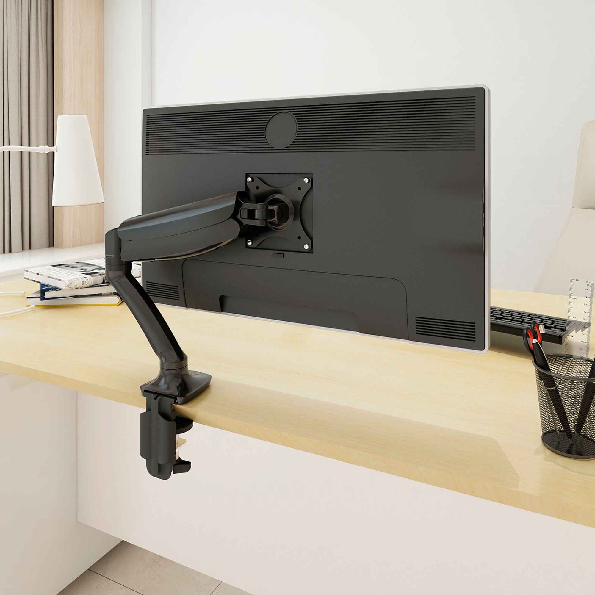 Adjustable & Rotating Single Monitor Arm, 9kg Load Capacity, 10-27" Screens - Black - DH24 - Dellonda