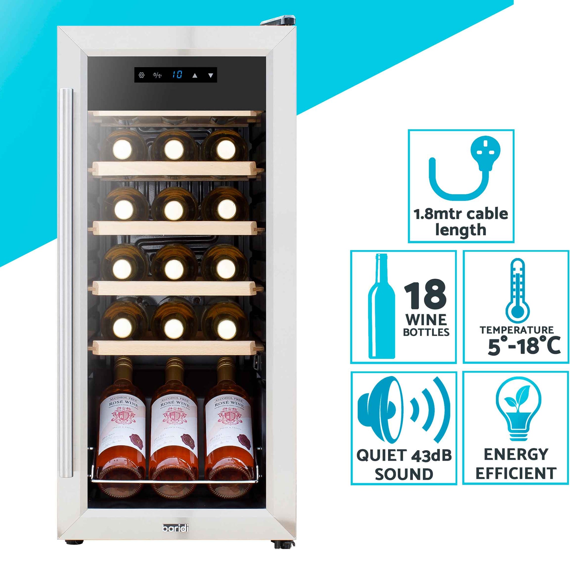 Baridi 18 Bottle Wine Cooler Fridge with Digital Touch Screen Controls Dellonda