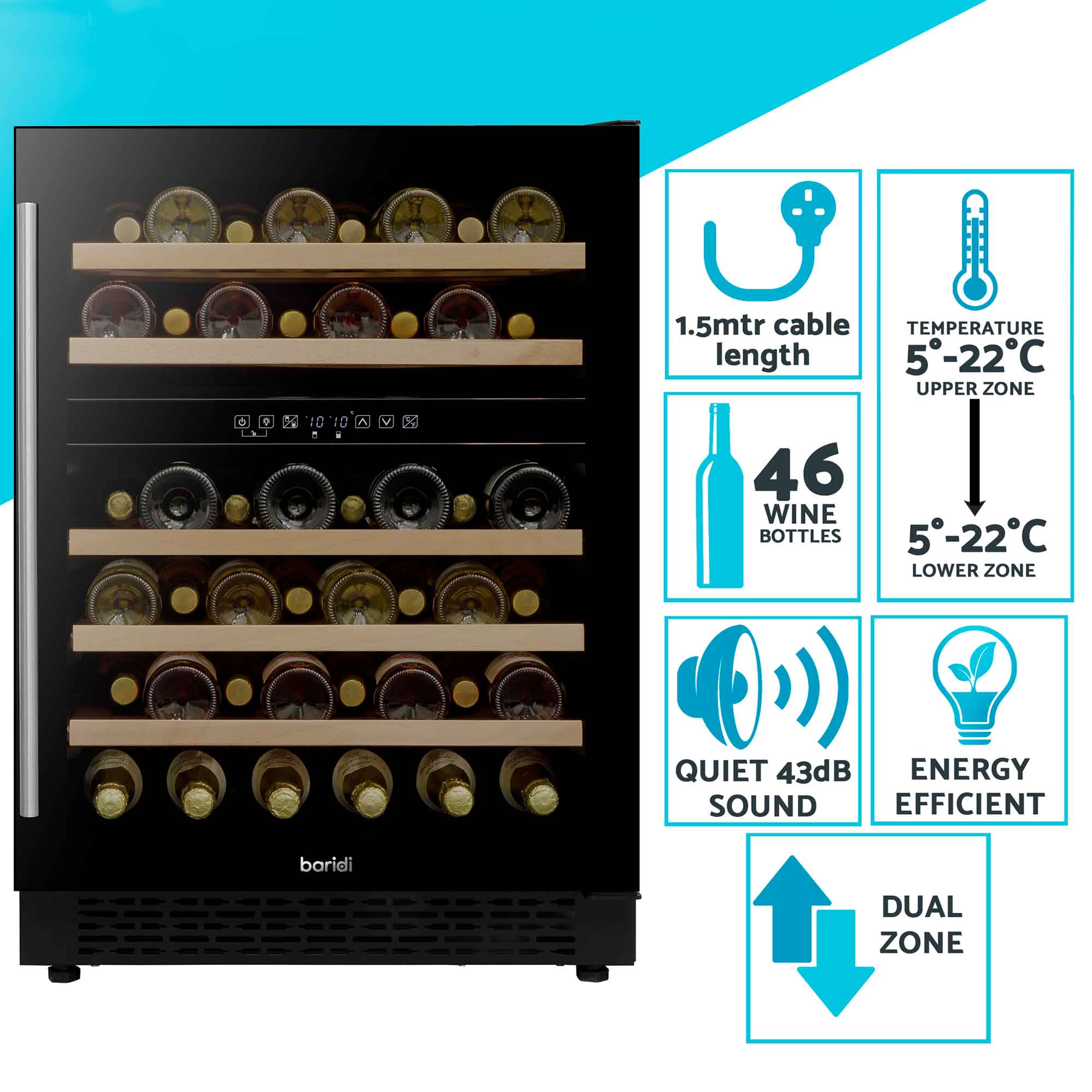Baridi 46 Bottle Dual Zone Wine Cellar Fridge with Digital Touch Screen Controls, Black - DH79 - Dellonda