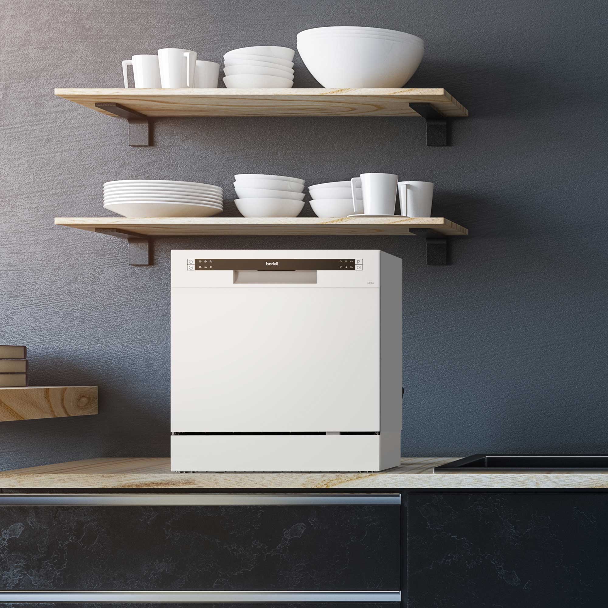 Compact Tabletop Dishwasher 8 Place Settings, 6 Programmes, Low Noise, 8L Cycle - White - DH86 - Dellonda