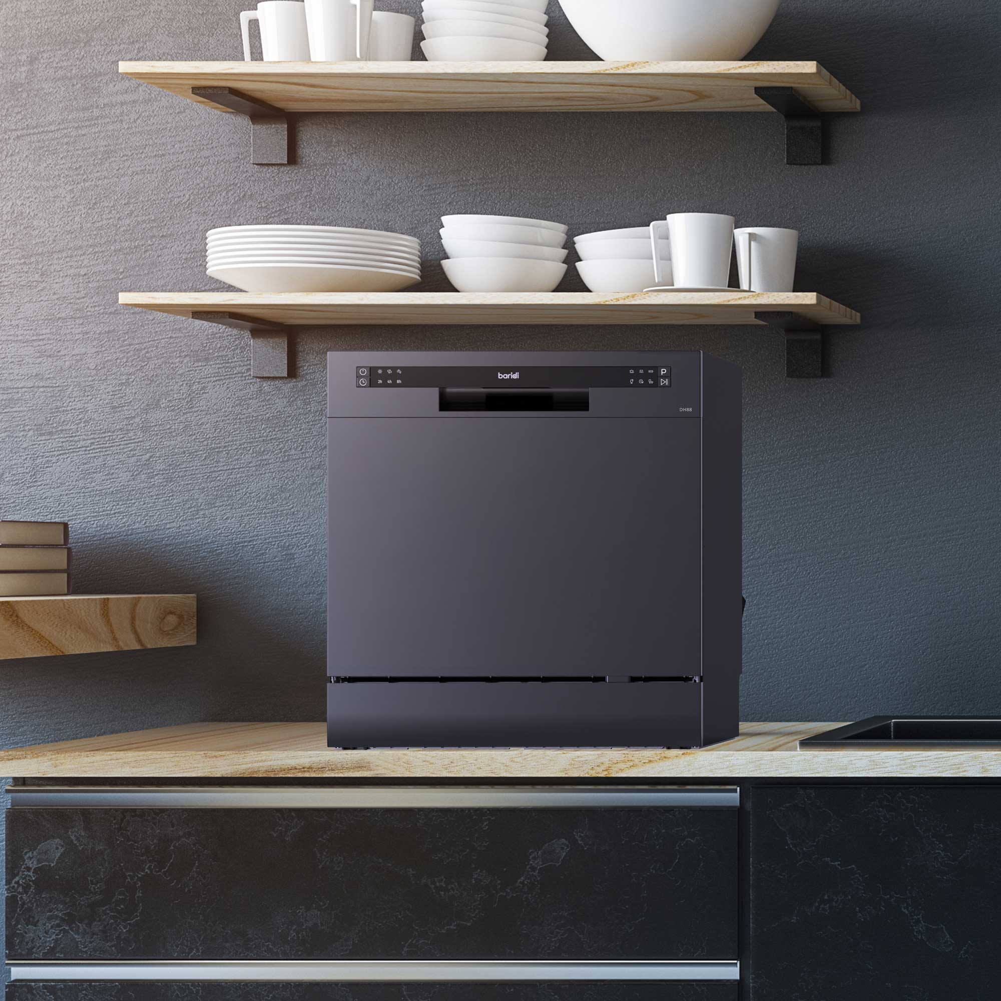 Compact Tabletop Dishwasher 8 Place Settings, 6 Programmes, Low Noise, 8L Cycle - Black - DH88 - Dellonda