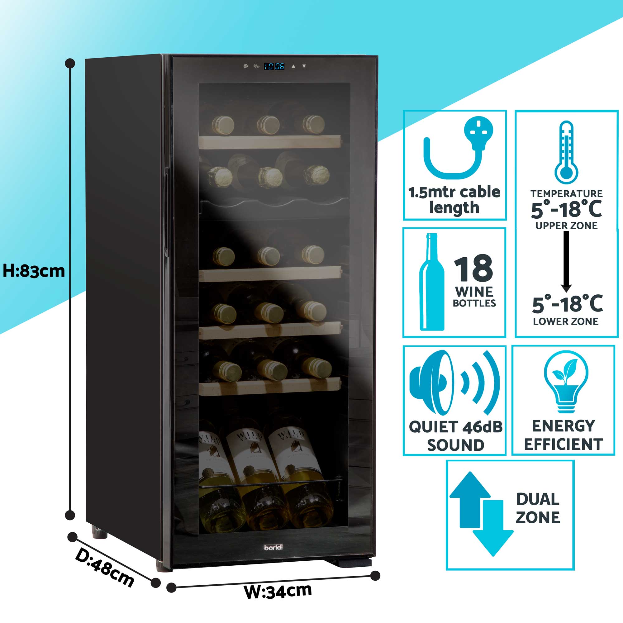 Baridi 18 Bottle Dual Zone Wine Cooler, Fridge, Touch Screen Controls, Wooden Shelves, LED - Black - DH89 - Dellonda