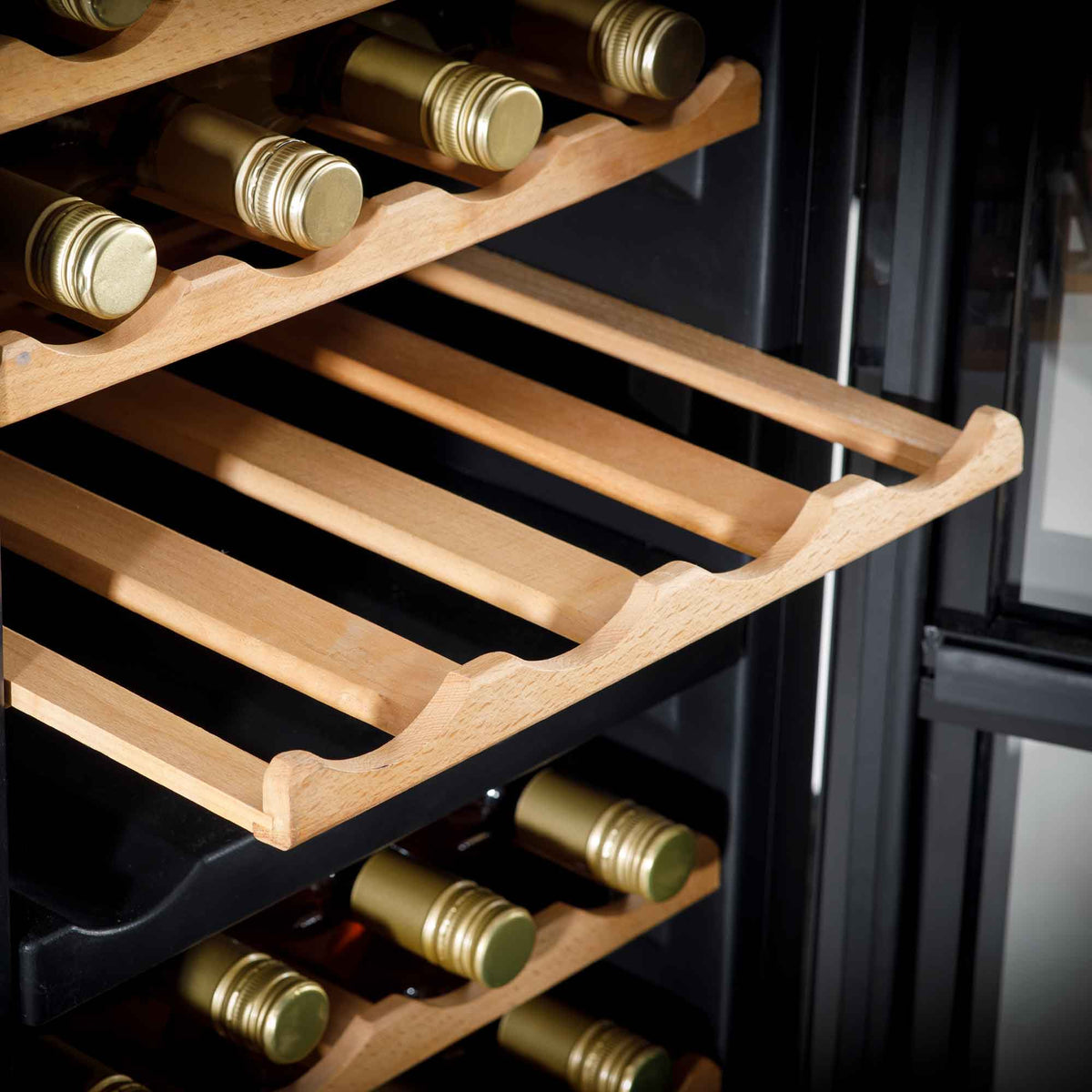 Wine fridge with wooden shelves sale