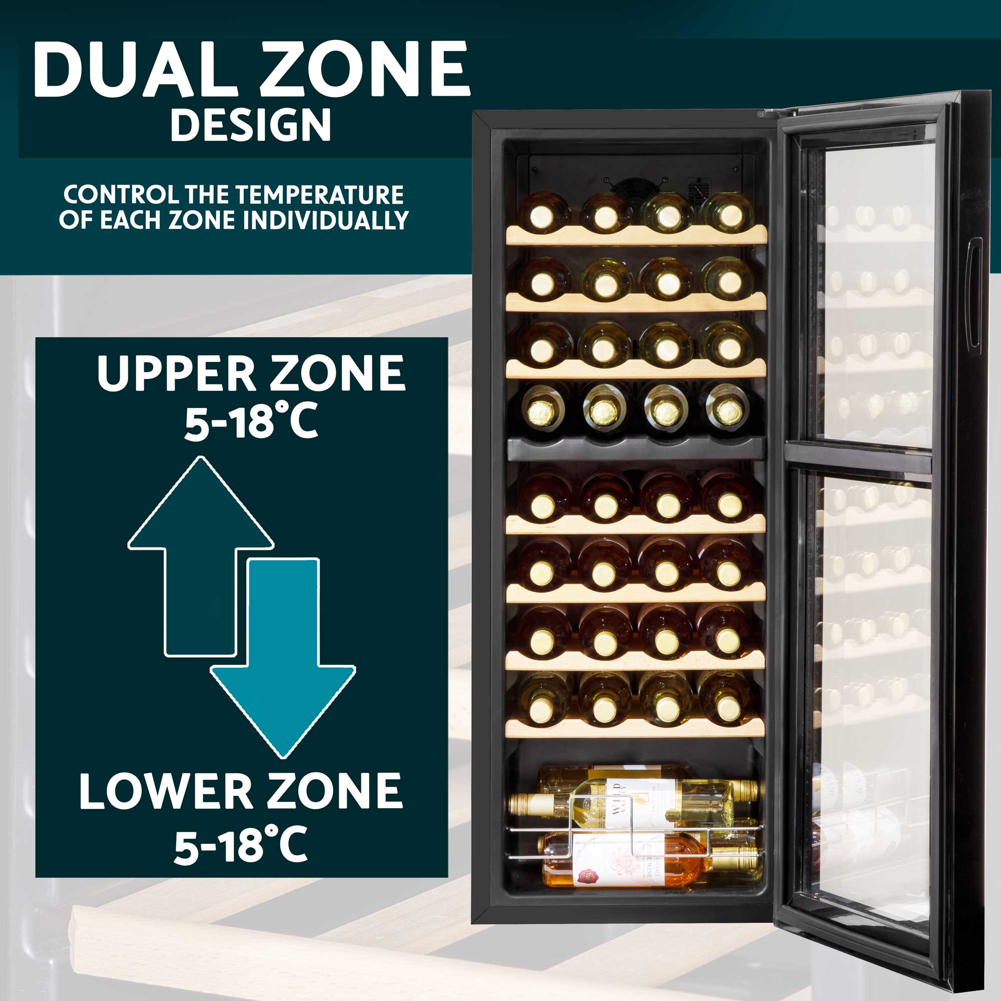 Baridi 36 Bottle Dual Zone Wine Cooler, Fridge, Touch Screen Controls, Wooden Shelves, LED - Black - DH91 - Dellonda