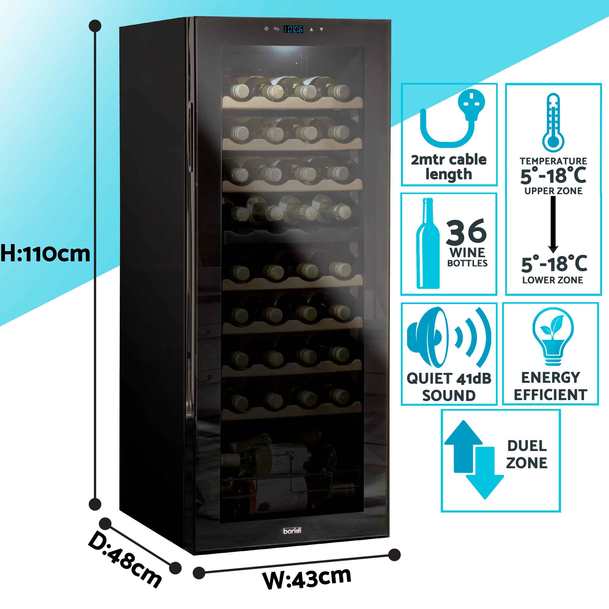 Baridi 36 Bottle Dual Zone Wine Cooler, Fridge, Touch Screen Controls, Wooden Shelves, LED - Black - DH91 - Dellonda