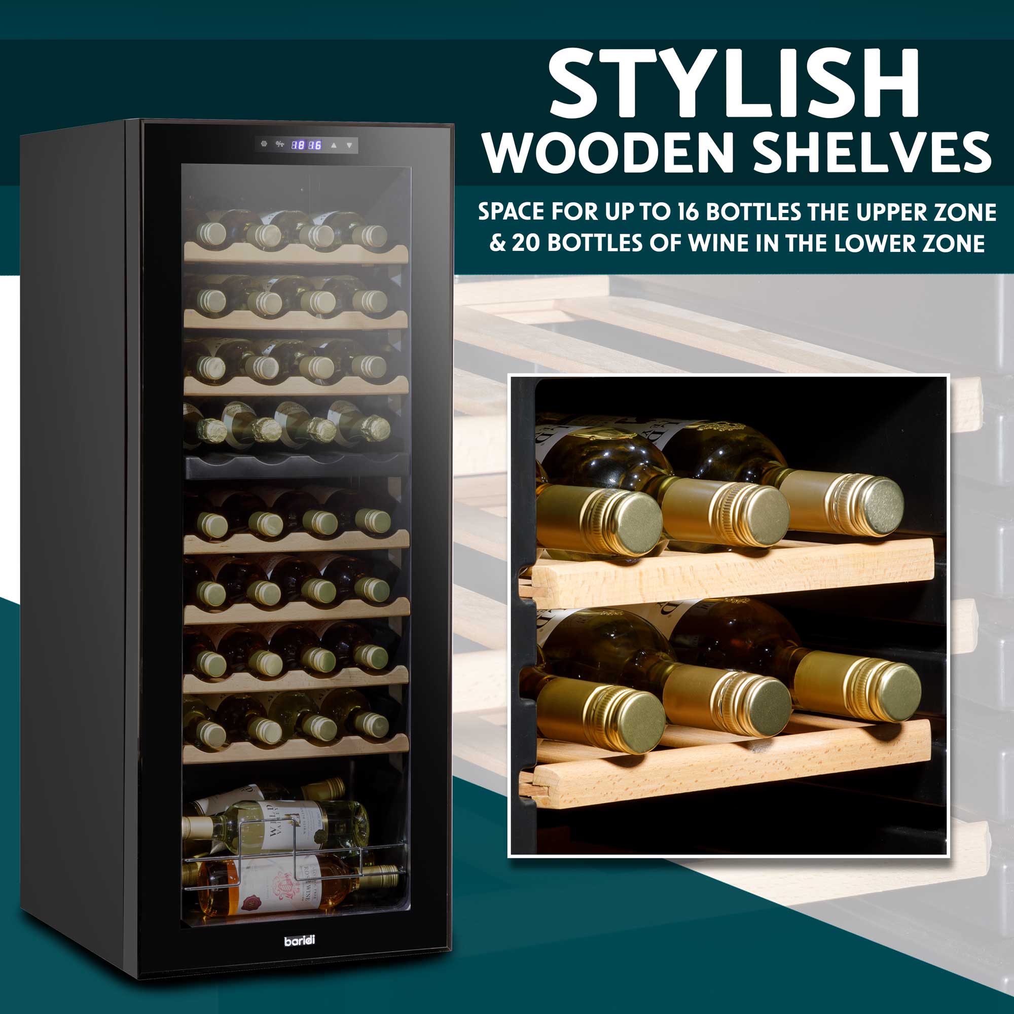 Baridi 36 Bottle Dual Zone Wine Cooler, Fridge, Touch Screen Controls, Wooden Shelves, LED - Black - DH91 - Dellonda